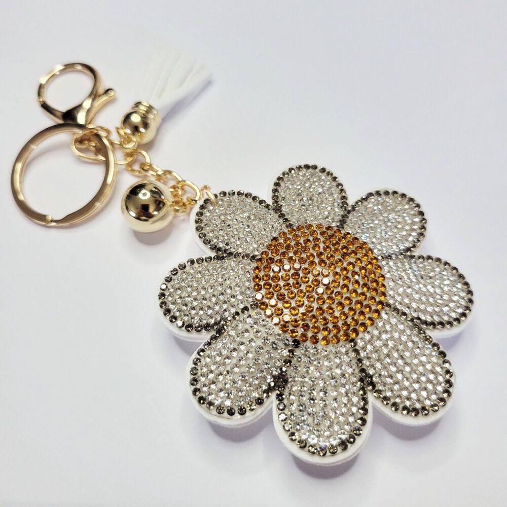 NWT Large White, Yellow And Gold Sparkle Daisy Keychain, Bag Charm With Tassel - Picture 2 of 3